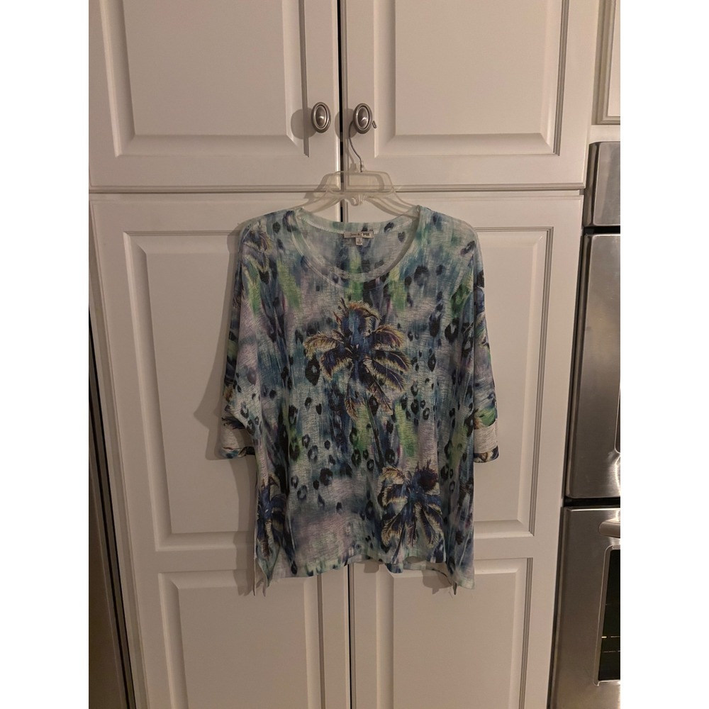 Jess & Jane Womens Large Tropical Palm Leopard Print Knit Top Blue Green USA